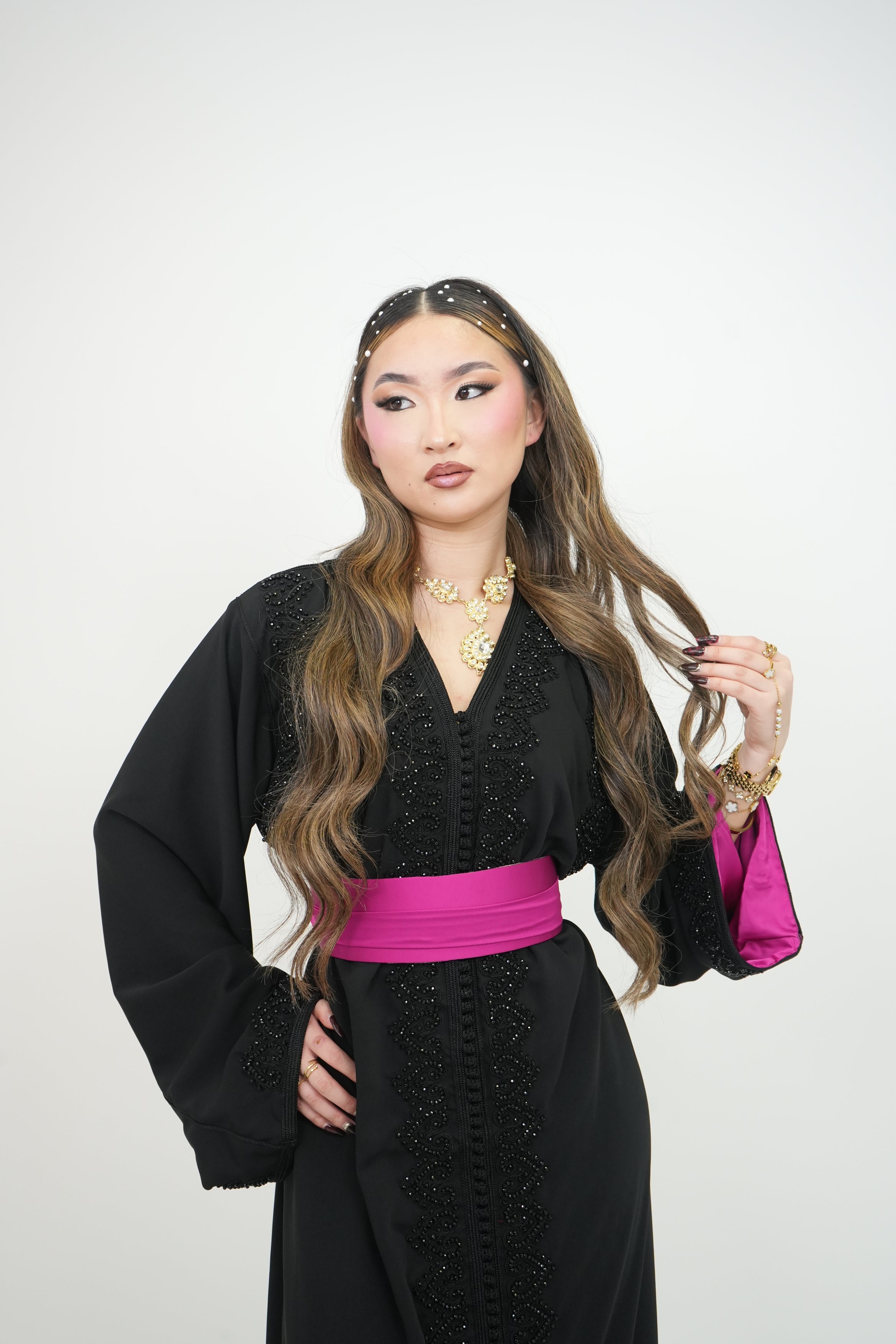 Caftan émeraude Noir/Rose