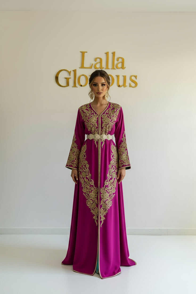 Caftan broderie Rebati rose fuchsia